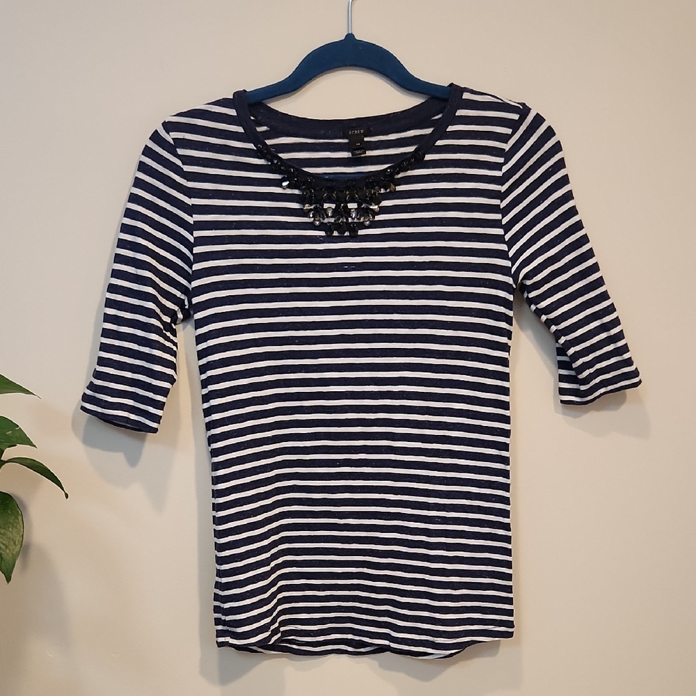J. Crew Blue and White 3/4 Sleeve Embellished Top Size XS